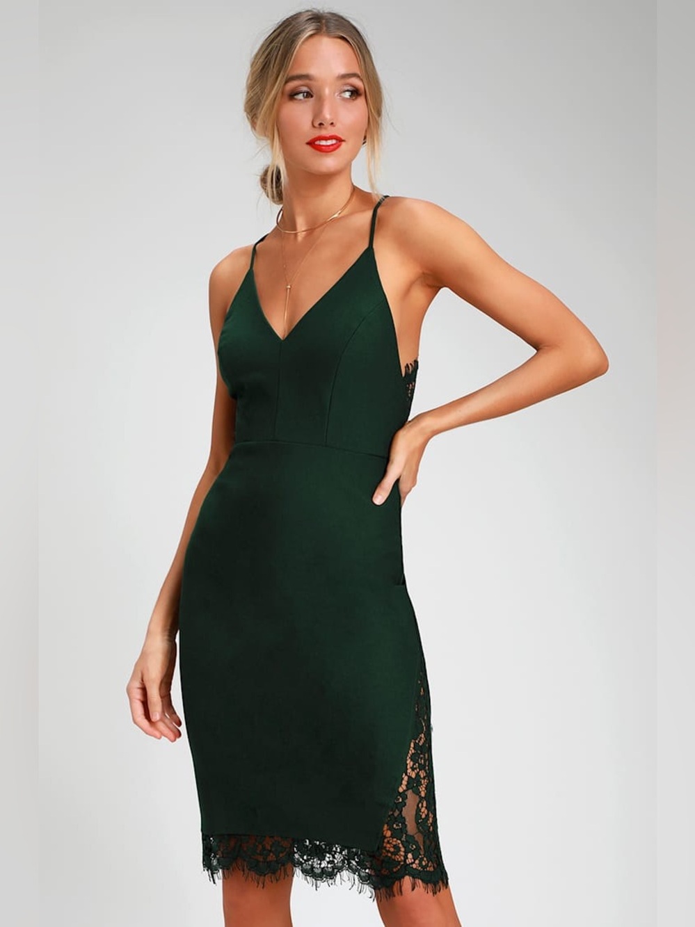 Lulu’s Emerald Green Lace Back Bodycon Cocktail Dress Women’s Medium - Picture 1 of 6